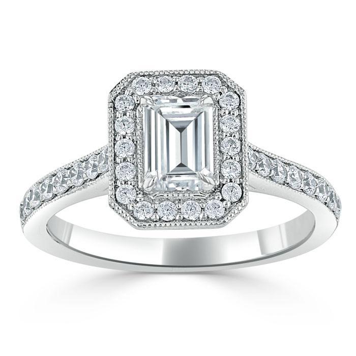 1.0 CT Emerald Cut Halo Moissanite Engagement Ring With Pave Setting