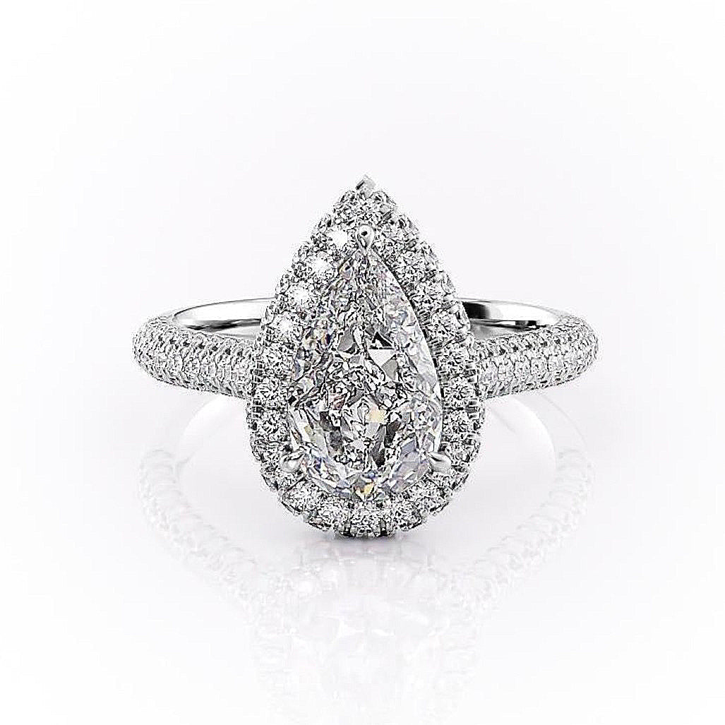 2.0 CT Pear Cut Halo Triple Pave Moissanite Engagement Ring