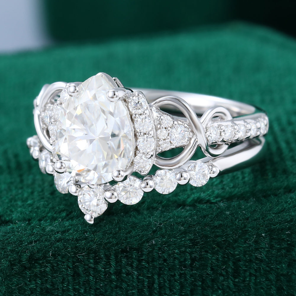 1.50 CT Pear Moissanite Cluster Art Deco Style Bridal Ring Set