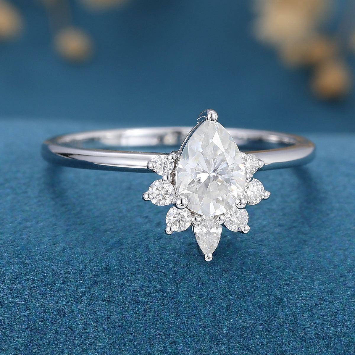 0.69 CT Pear Shaped Moissanite Cluster Engagement Ring