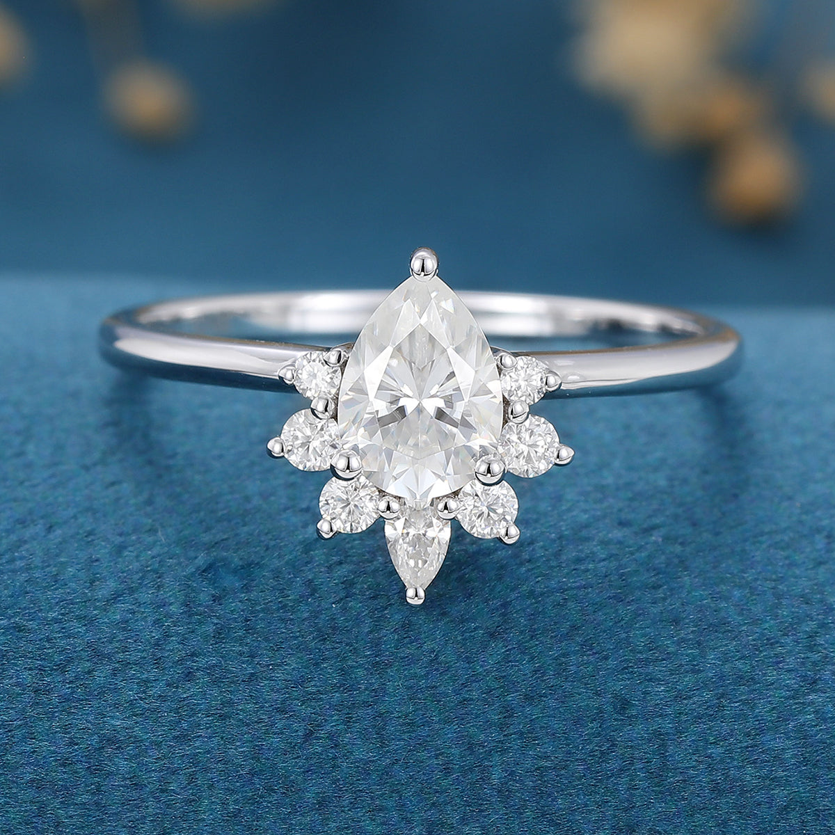 0.69 CT Pear Shaped Moissanite Cluster Engagement Ring
