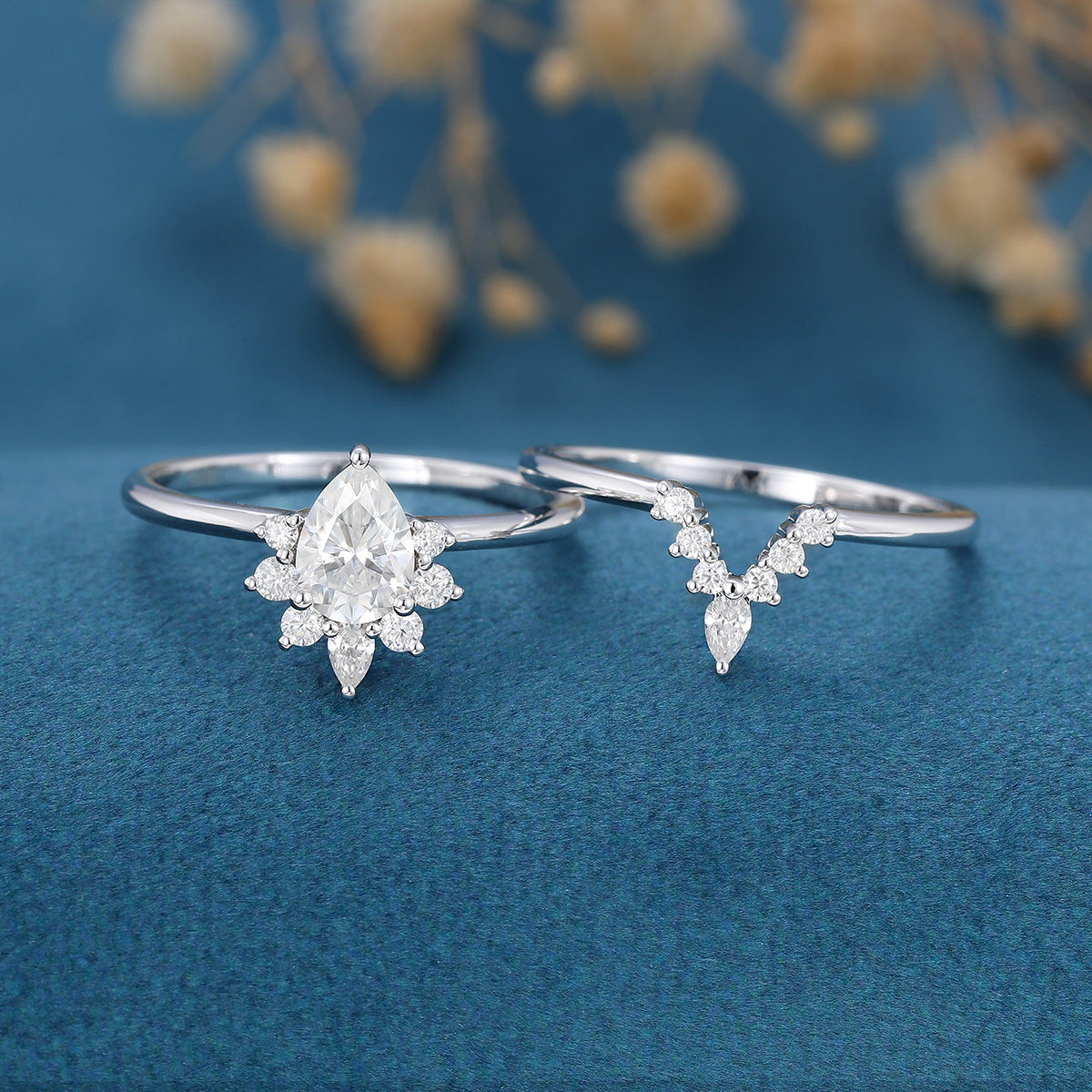 0.69 CT Pear Shaped Moissanite Halo Nature Inspired Bridal Set