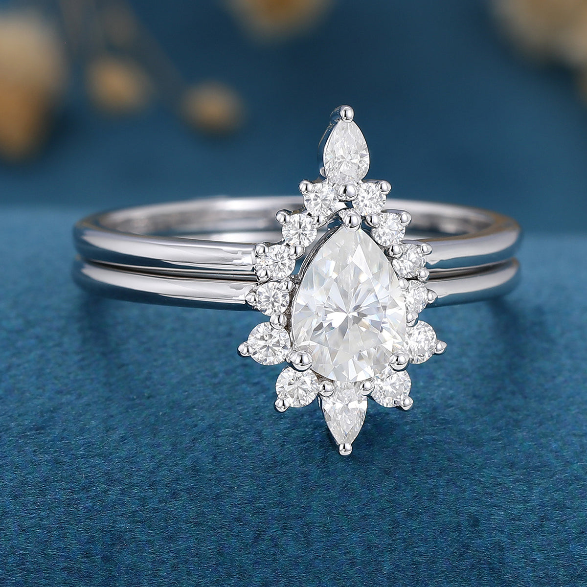 0.69 CT Pear Shaped Moissanite Halo Nature Inspired Bridal Set