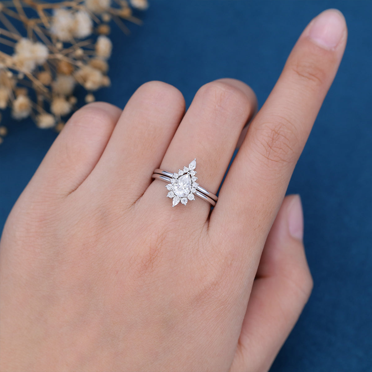 0.69 CT Pear Shaped Moissanite Halo Nature Inspired Bridal Set