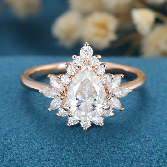 1.0 CT Pear Shaped Moissanite Cluster Engagement Ring