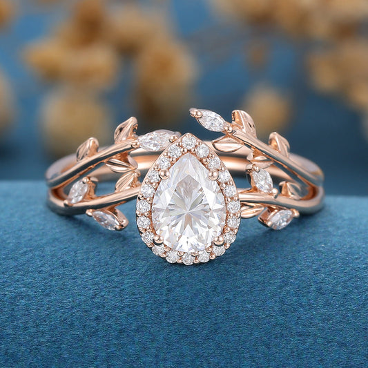 1.0 CT Pear Shaped Moissanite Halo Nature Inspired Bridal Set