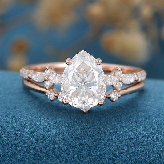 1.50 CT Pear Shaped Moissanite Solitaire Pave Bridal Set