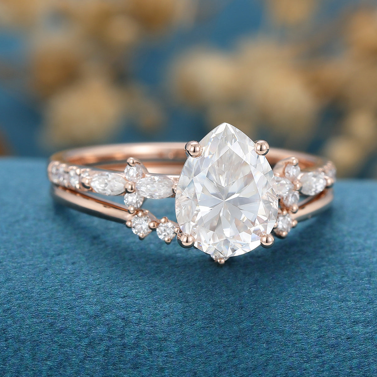 1.50 CT Pear Shaped Moissanite Solitaire Pave Bridal Set