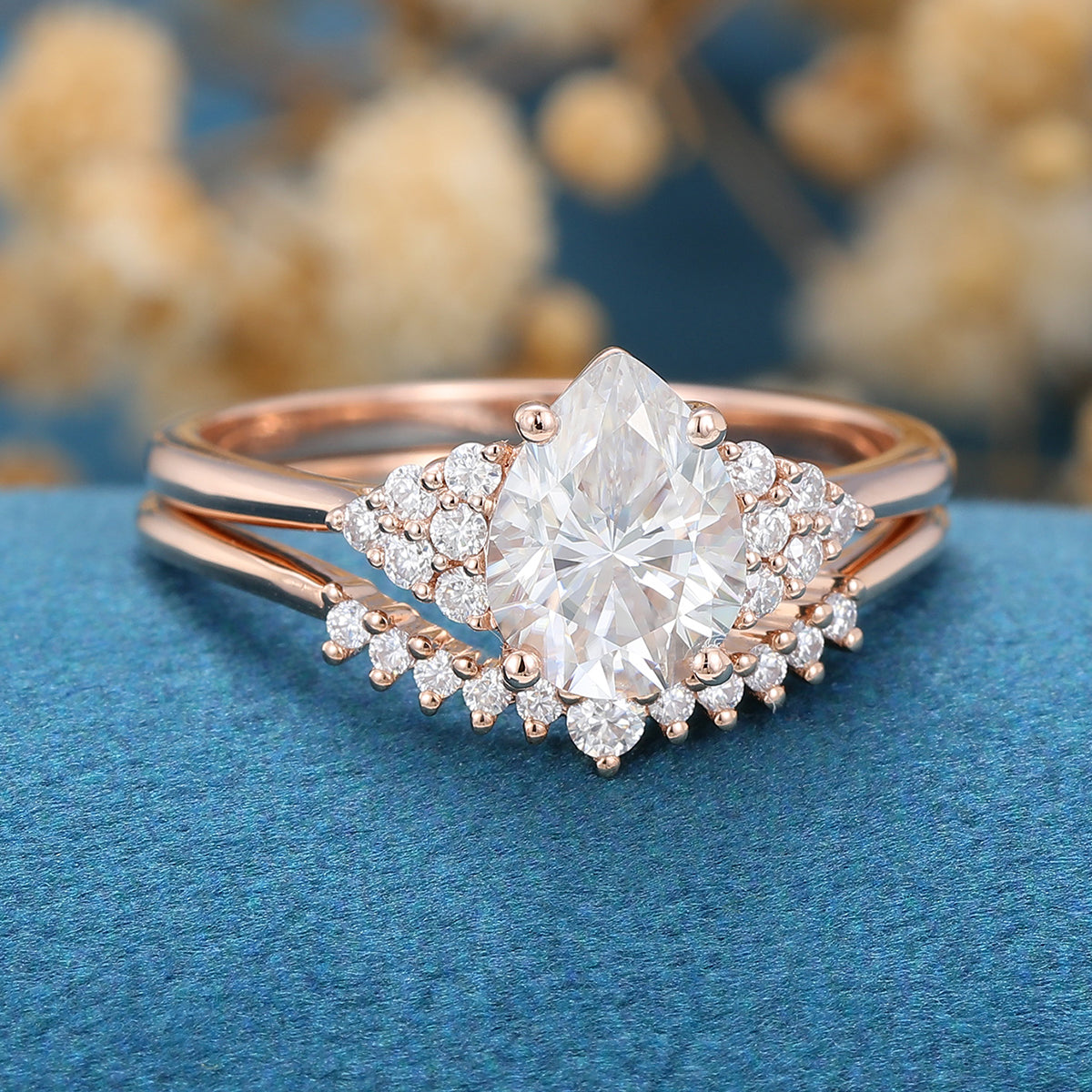 1.0 CT Pear Shaped Moissanite Cluster Bridal Set