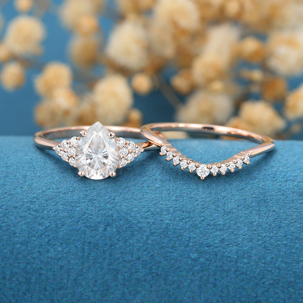 1.0 CT Pear Shaped Moissanite Cluster Bridal Set