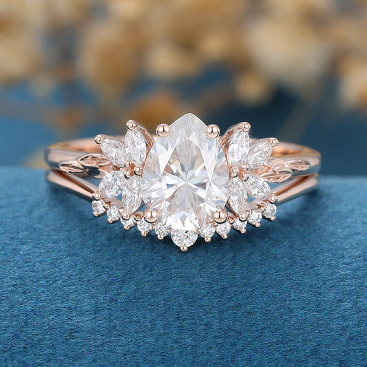 1.0 CT Pear Shaped Moissanite Cluster Bridal Set