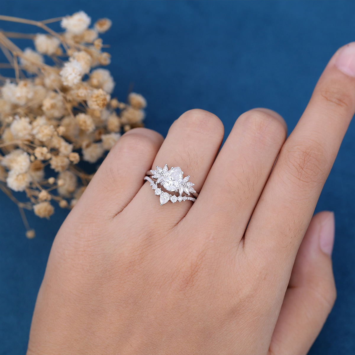 1.0 CT Pear Shaped Moissanite Cluster Bridal Set