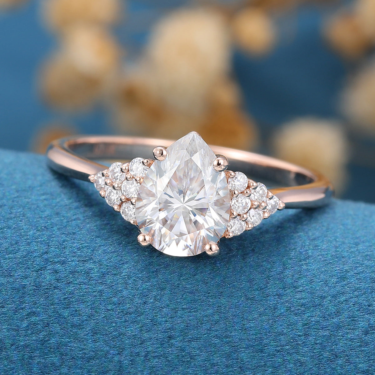 1.0 CT Pear Shaped Moissanite Cluster Engagement Ring