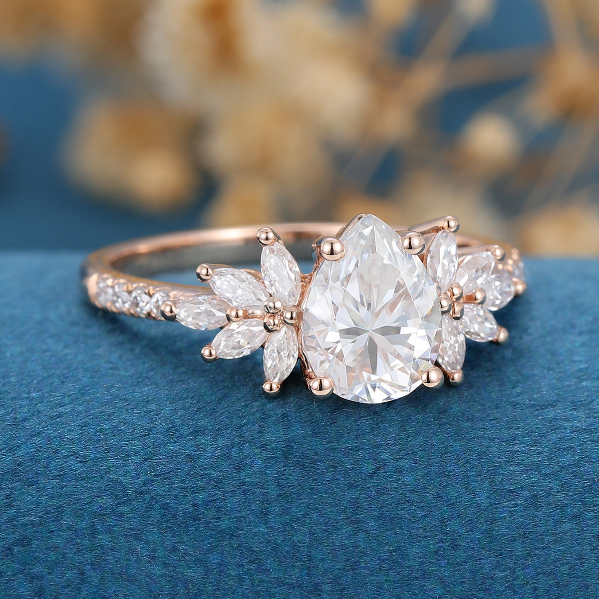 1.0 CT Pear Shaped Moissanite Cluster Engagement Ring