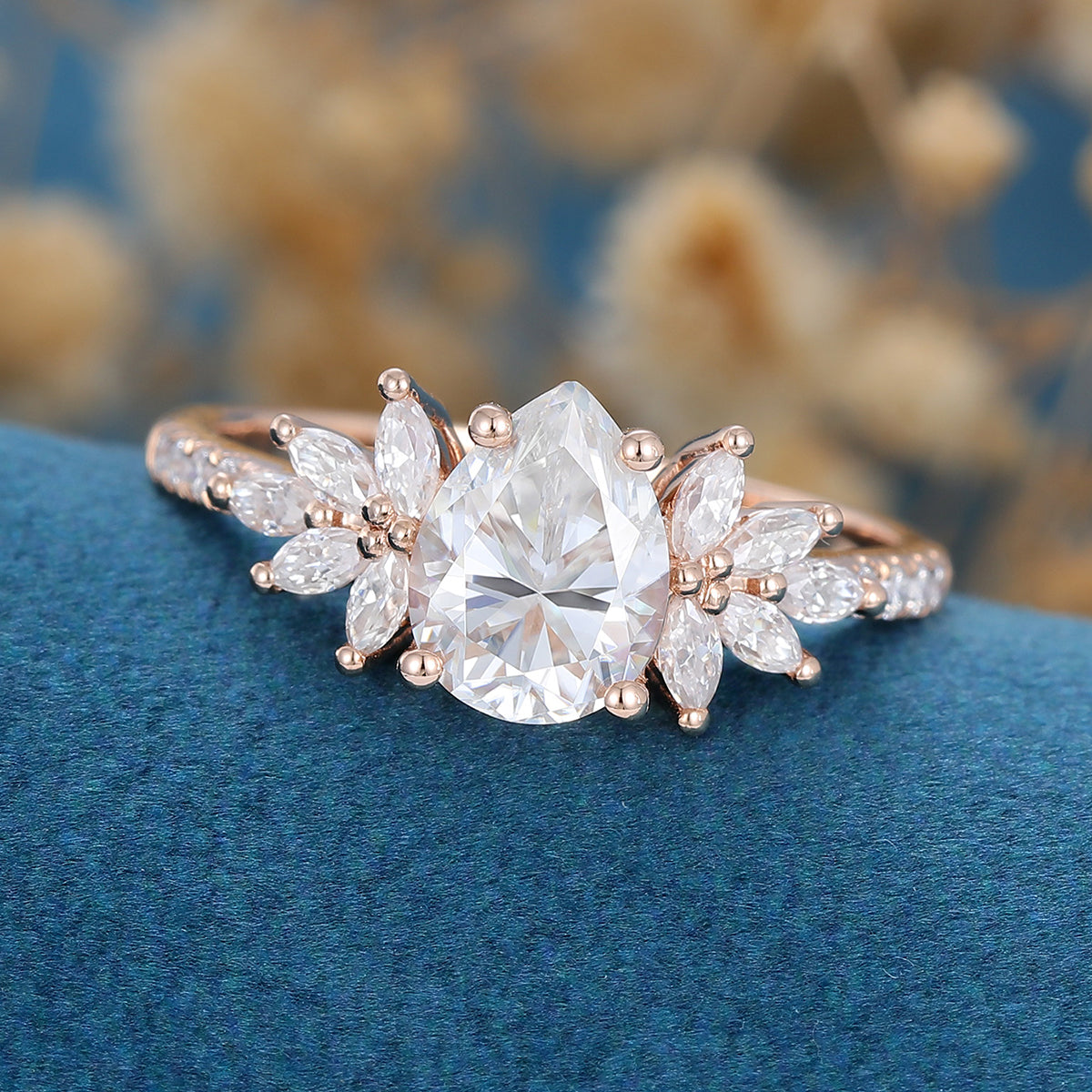 1.0 CT Pear Shaped Moissanite Cluster Engagement Ring