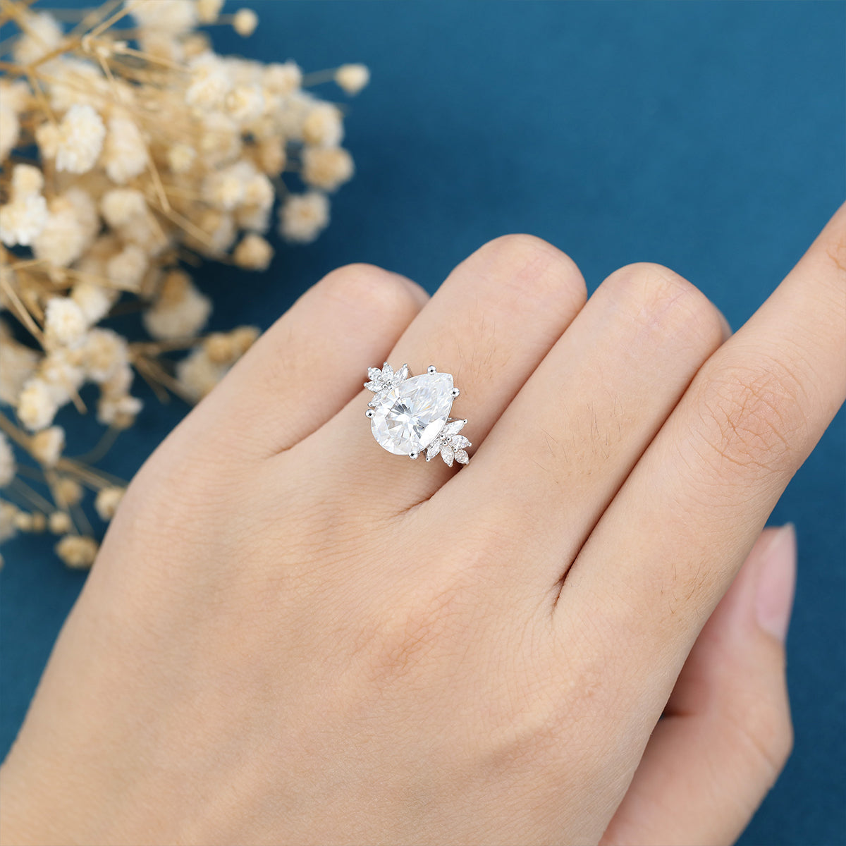 3.09 CT Pear Shaped Moissanite Cluster Engagement Ring