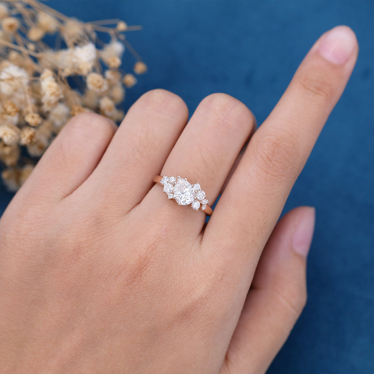 1.0 CT Pear Shaped Moissanite Cluster Engagement Ring