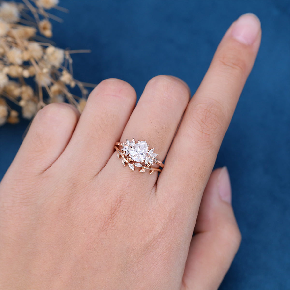 1.0 CT Pear Shaped Moissanite Twig Style Bridal Set