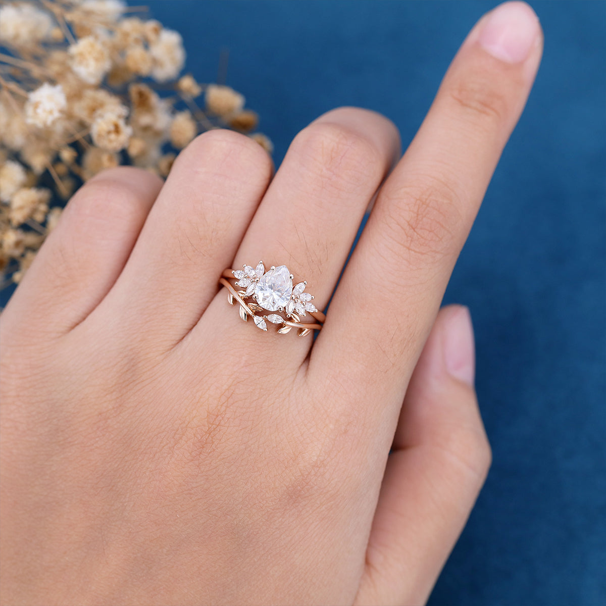 1.0 CT Pear Shaped Moissanite Cluster Bridal Set