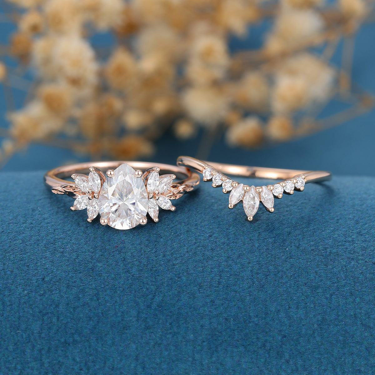 1.0 CT Pear Shaped Moissanite Cluster Bridal Set