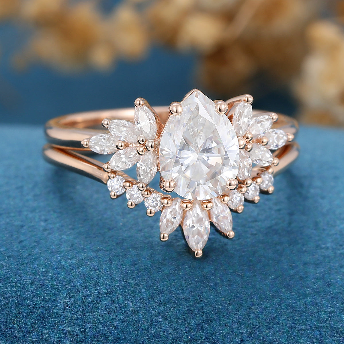 1.0 CT Pear Shaped Moissanite Cluster Bridal Set
