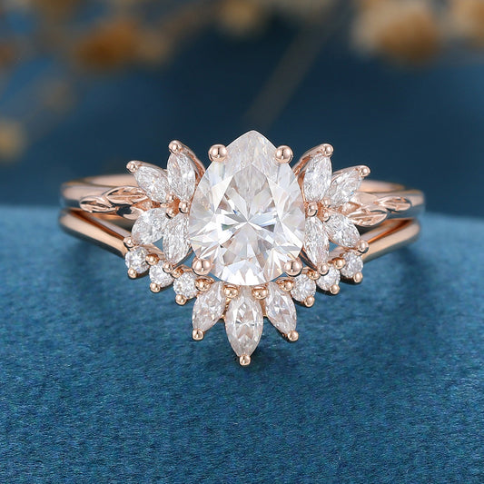 1.0 CT Pear Shaped Moissanite Cluster Bridal Set
