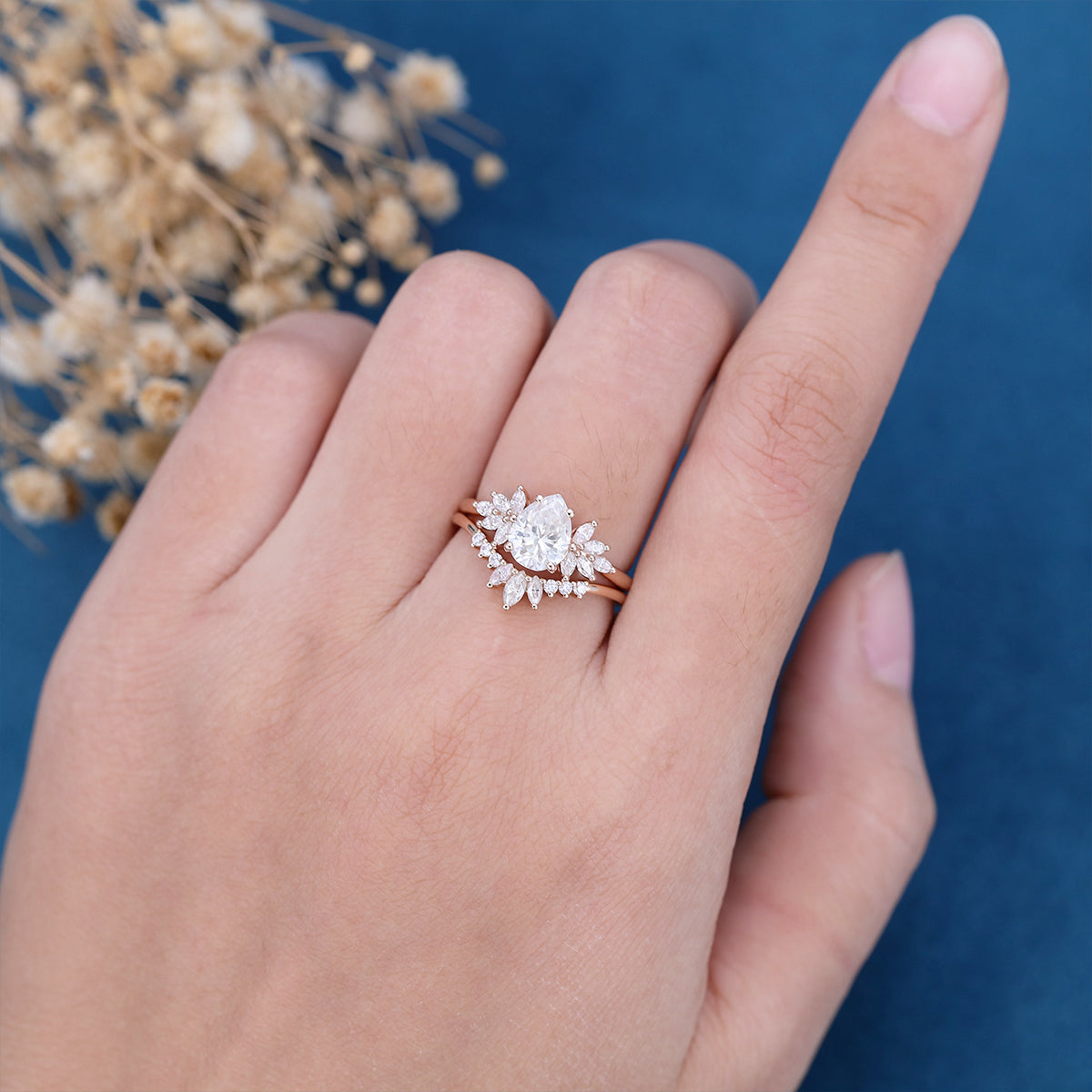 1.0 CT Pear Shaped Moissanite Cluster Bridal Set