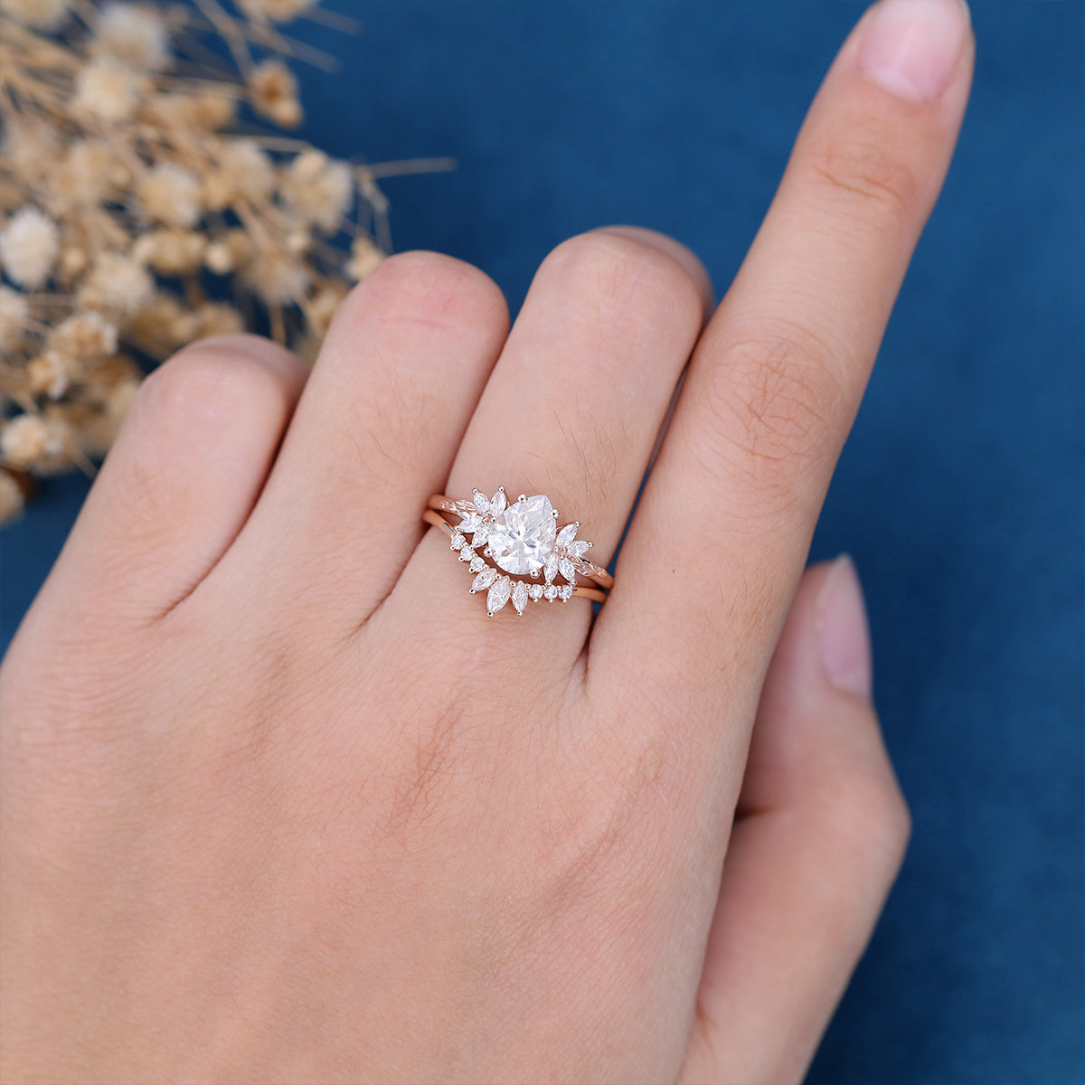 1.0 CT Pear Shaped Moissanite Cluster Bridal Set