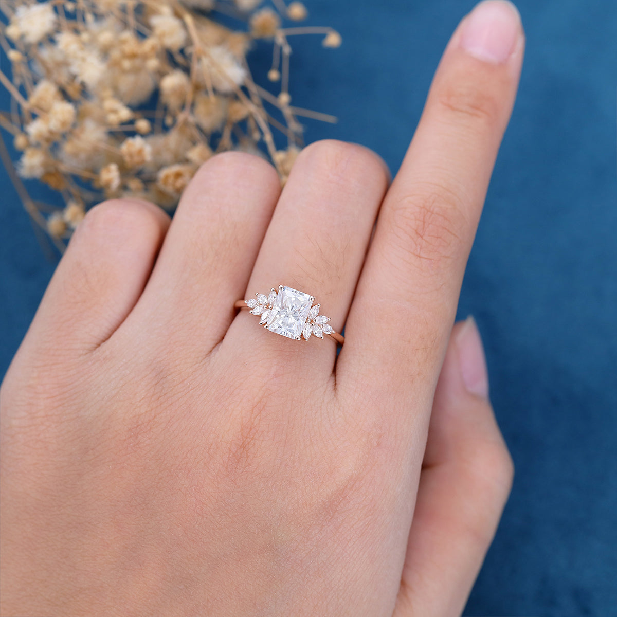 2.43 CT Radiant Shaped Moissanite Cluster Engagement Ring