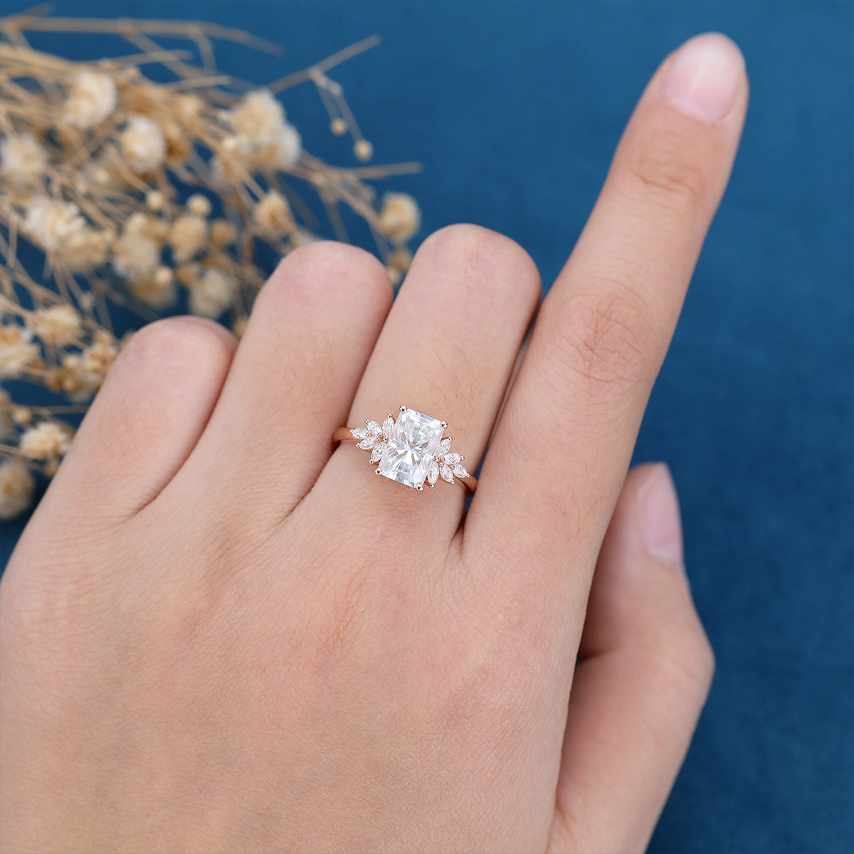 3.0 CT Radiant Shaped Moissanite Cluster Engagement Ring