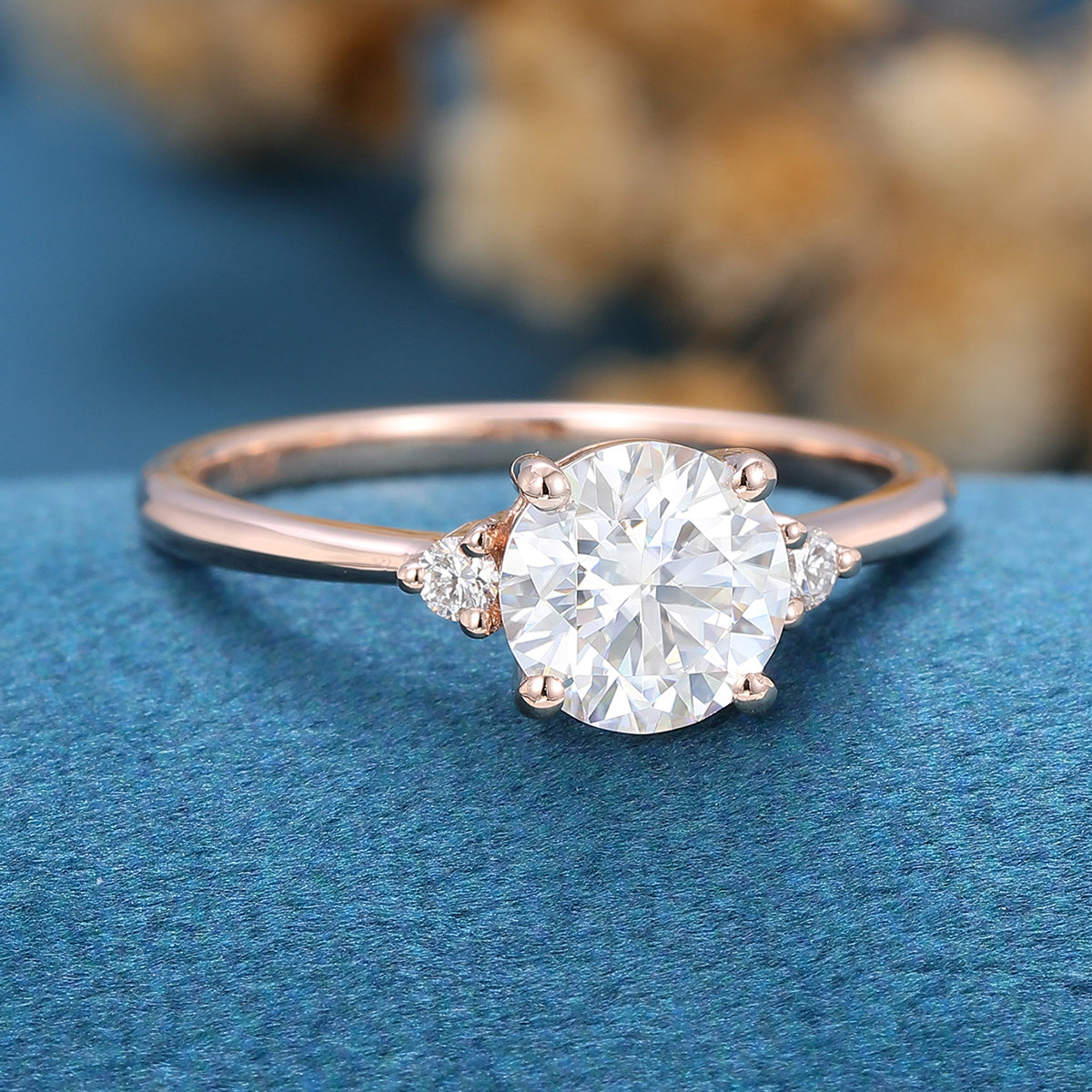 0.88 CT Round Shaped Moissanite Three Stones Engagement Ring