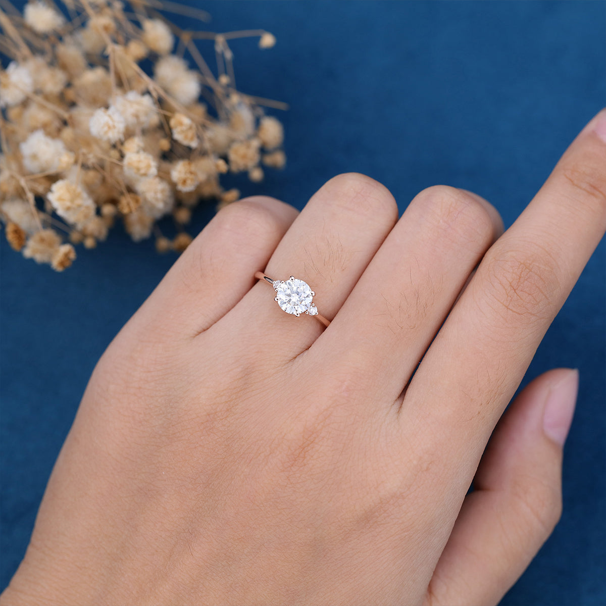 0.88 CT Round Shaped Moissanite Three Stones Engagement Ring