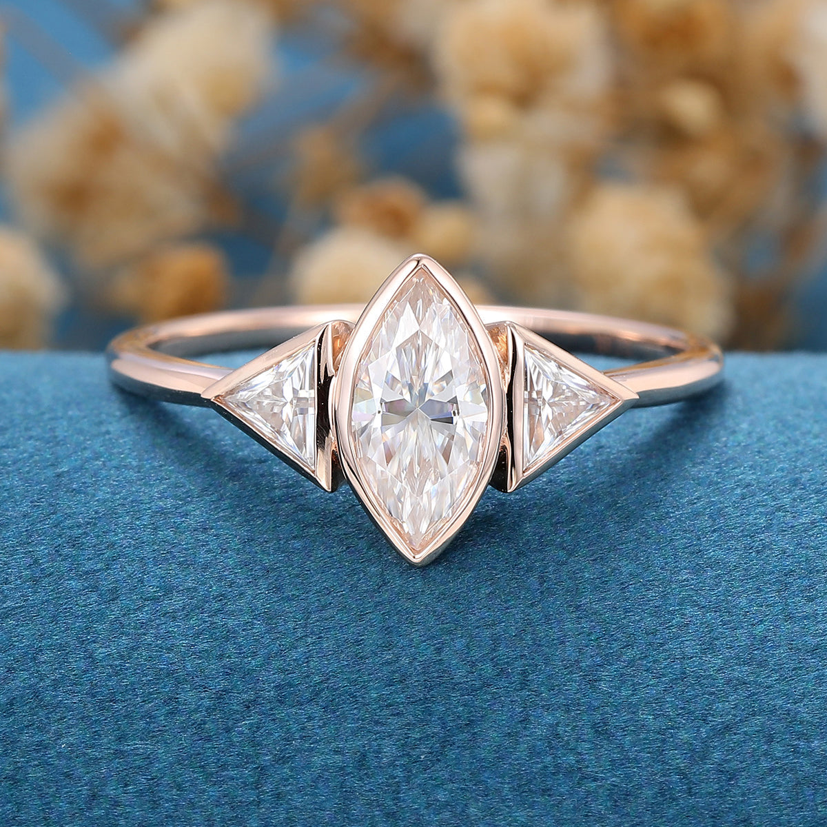 0.90 CT Marquise Shaped Moissanite Bezel 3 Stones Engagement Ring