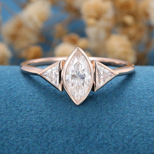 0.90 CT Marquise Shaped Moissanite Bezel 3 Stones Engagement Ring