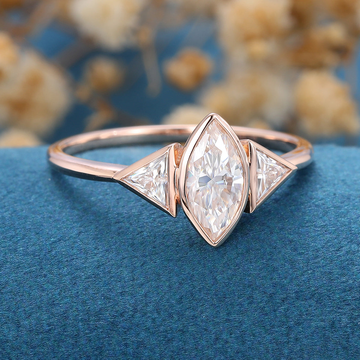 0.90 CT Marquise Shaped Moissanite Bezel 3 Stones Engagement Ring