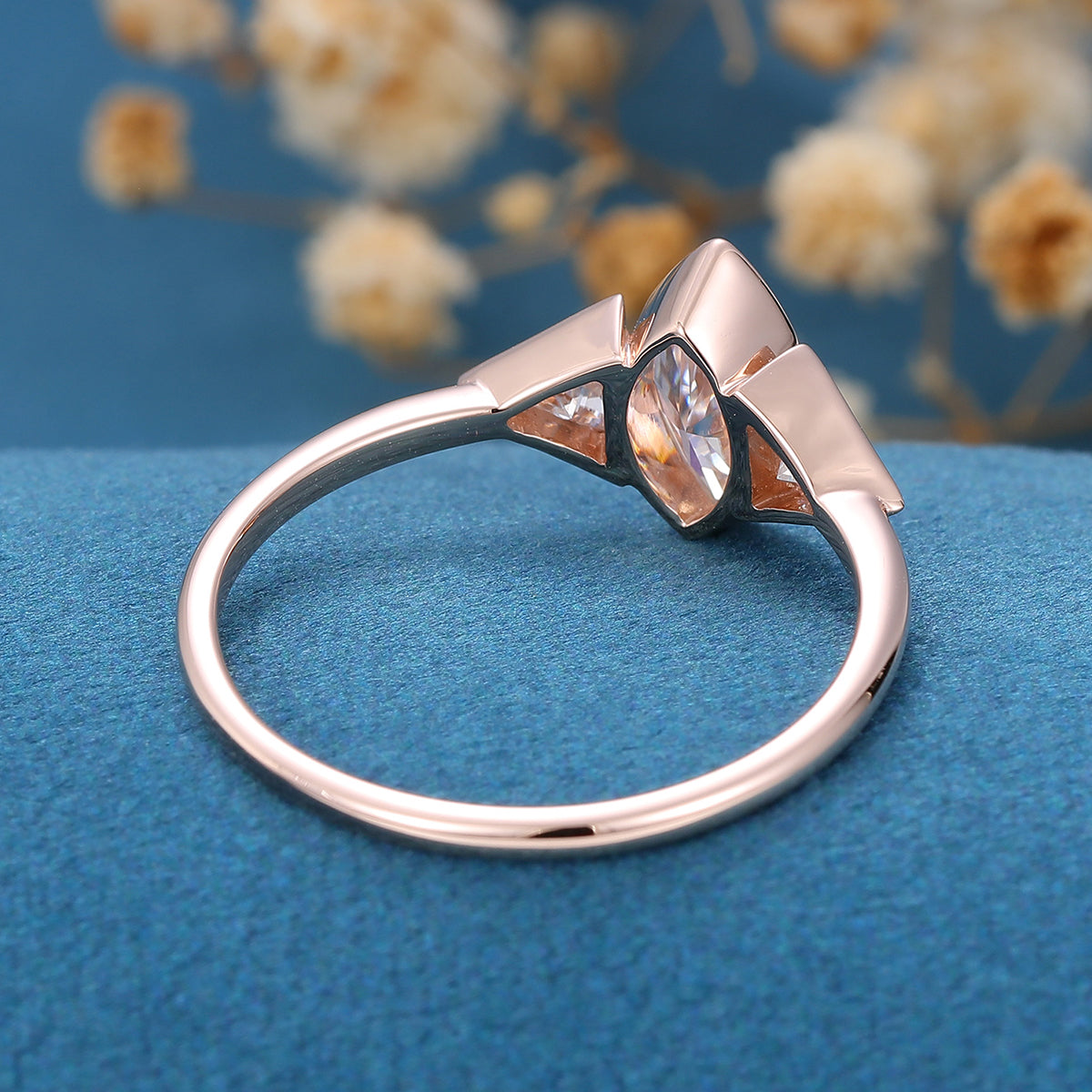 0.90 CT Marquise Shaped Moissanite Bezel 3 Stones Engagement Ring