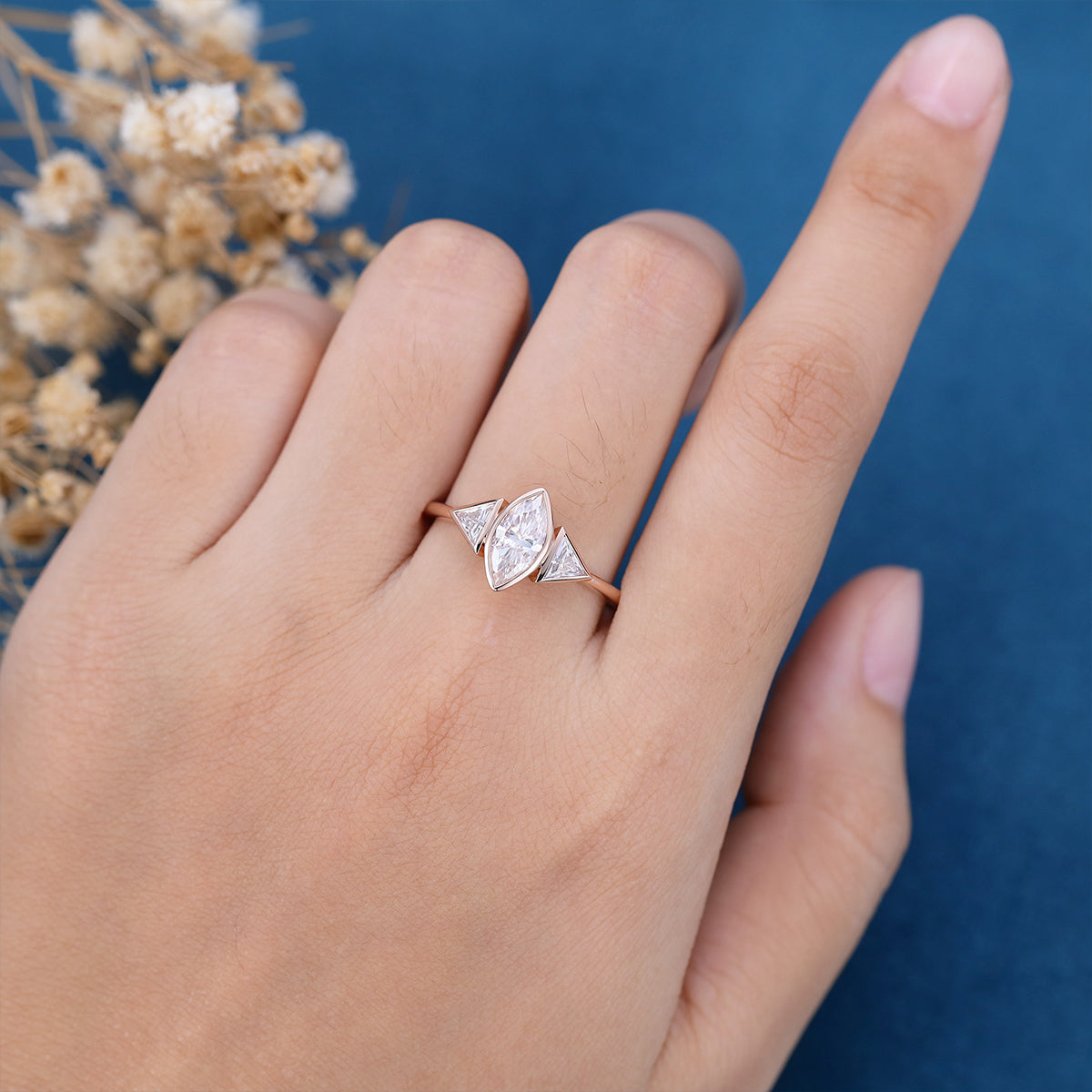 0.90 CT Marquise Shaped Moissanite Bezel 3 Stones Engagement Ring