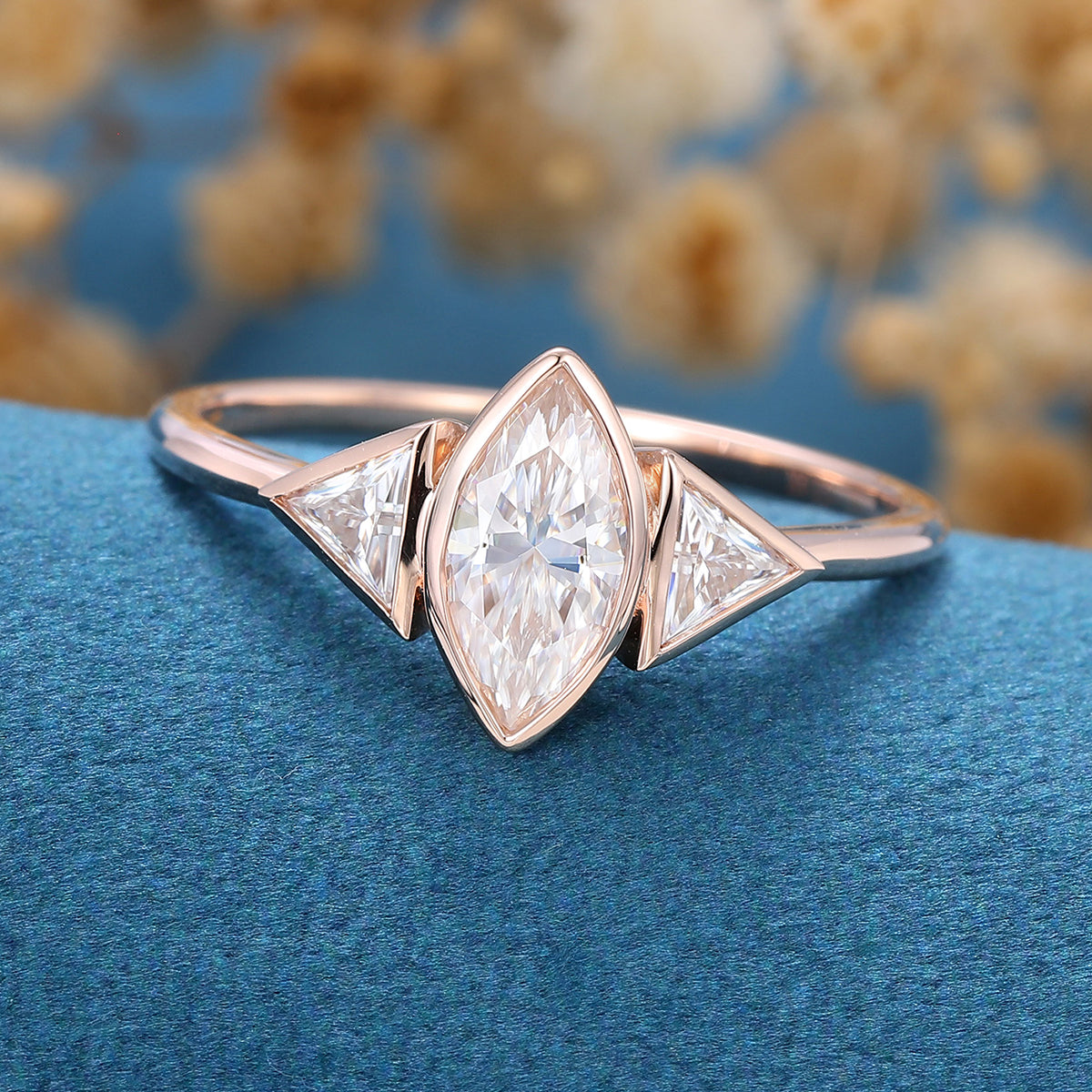 0.90 CT Marquise Shaped Moissanite Bezel 3 Stones Engagement Ring