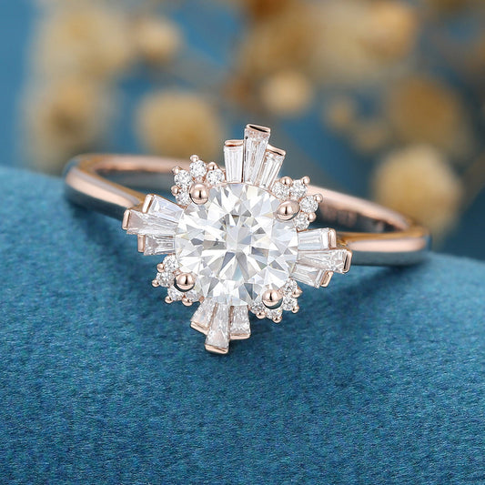 0.88 CT Round Shaped Moissanite Vintage Cluster Engagement Ring