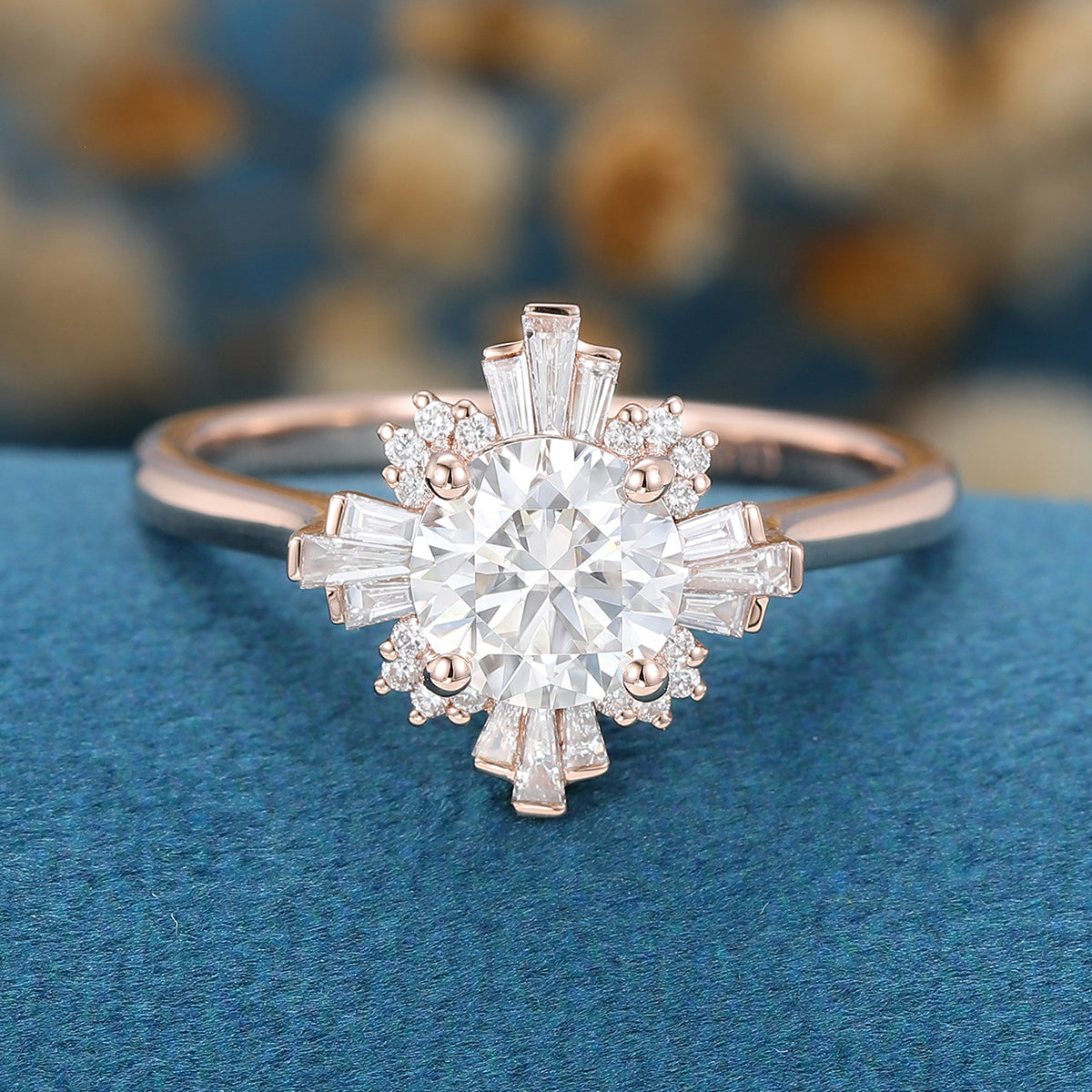 0.88 CT Round Shaped Moissanite Vintage Cluster Engagement Ring