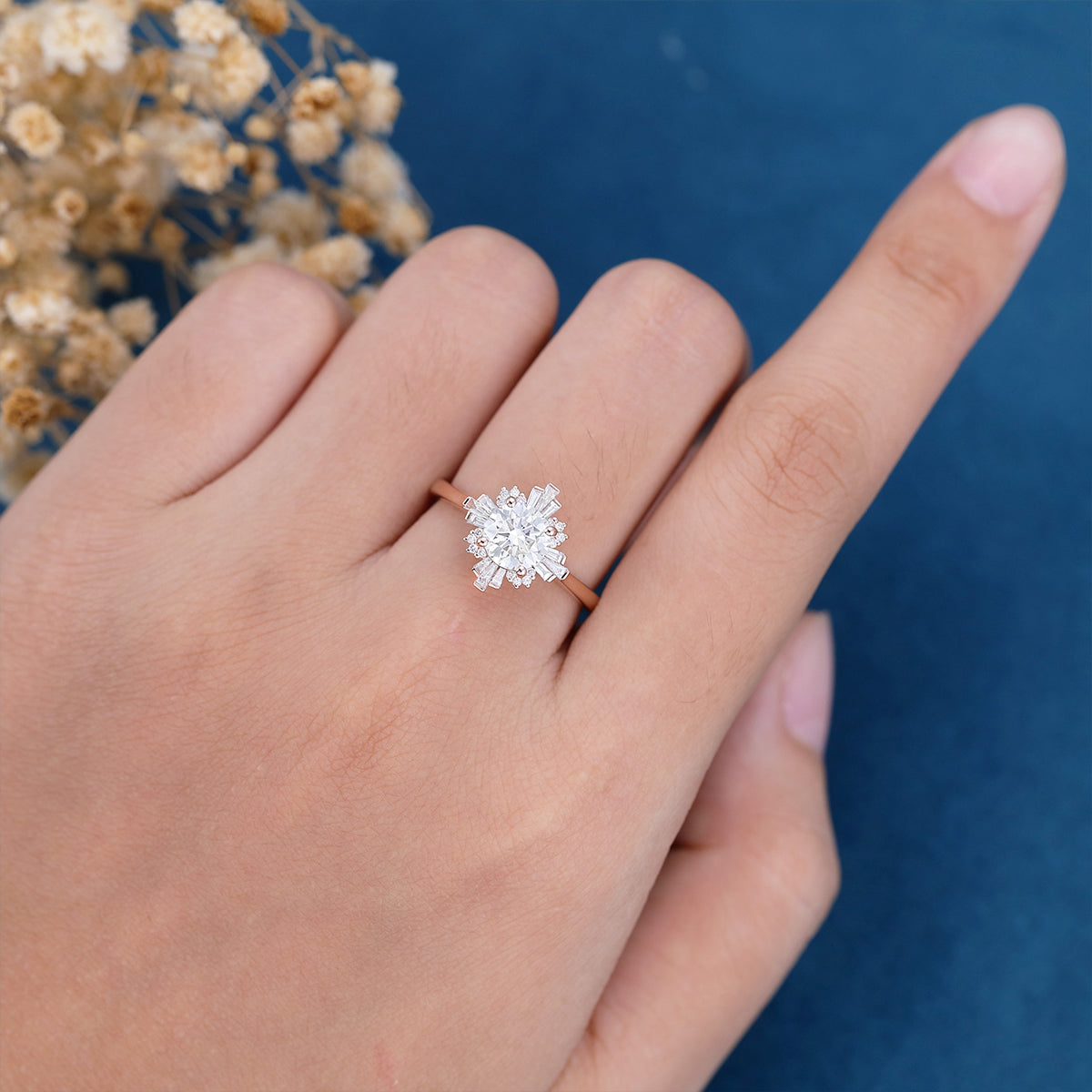 0.88 CT Round Shaped Moissanite Vintage Cluster Engagement Ring