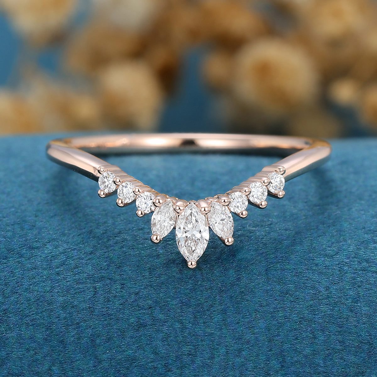1.50 CT Round & Marquise Shaped Moissanite Curved Wedding Band
