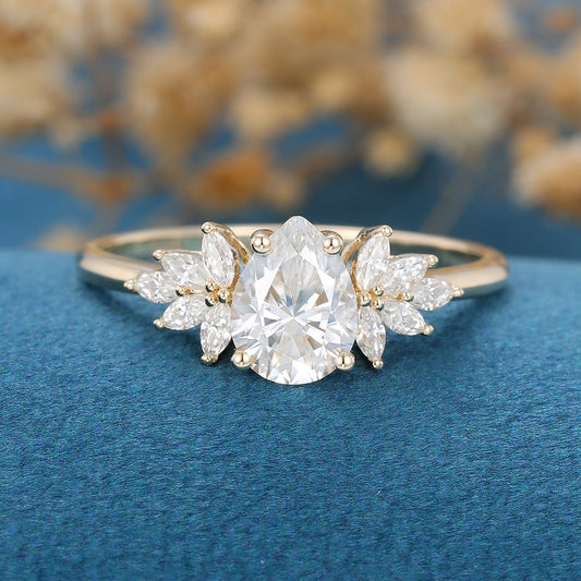 1.0 CT Pear Shaped Moissanite Cluster Engagement Ring