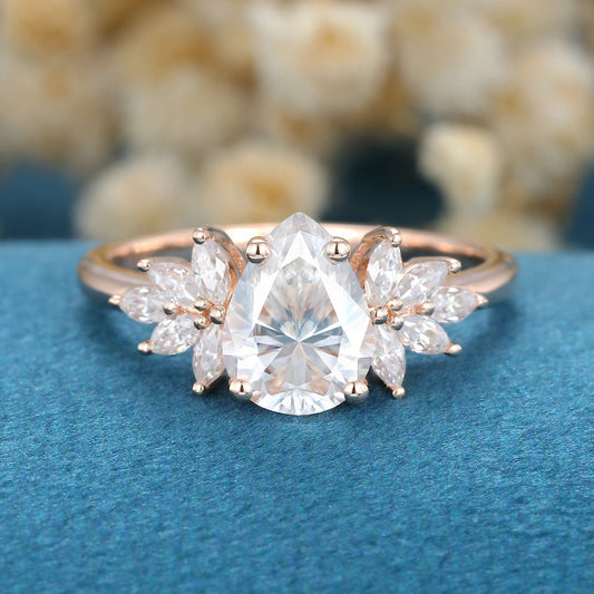 1.0 CT Pear Shaped Moissanite Cluster Engagement Ring