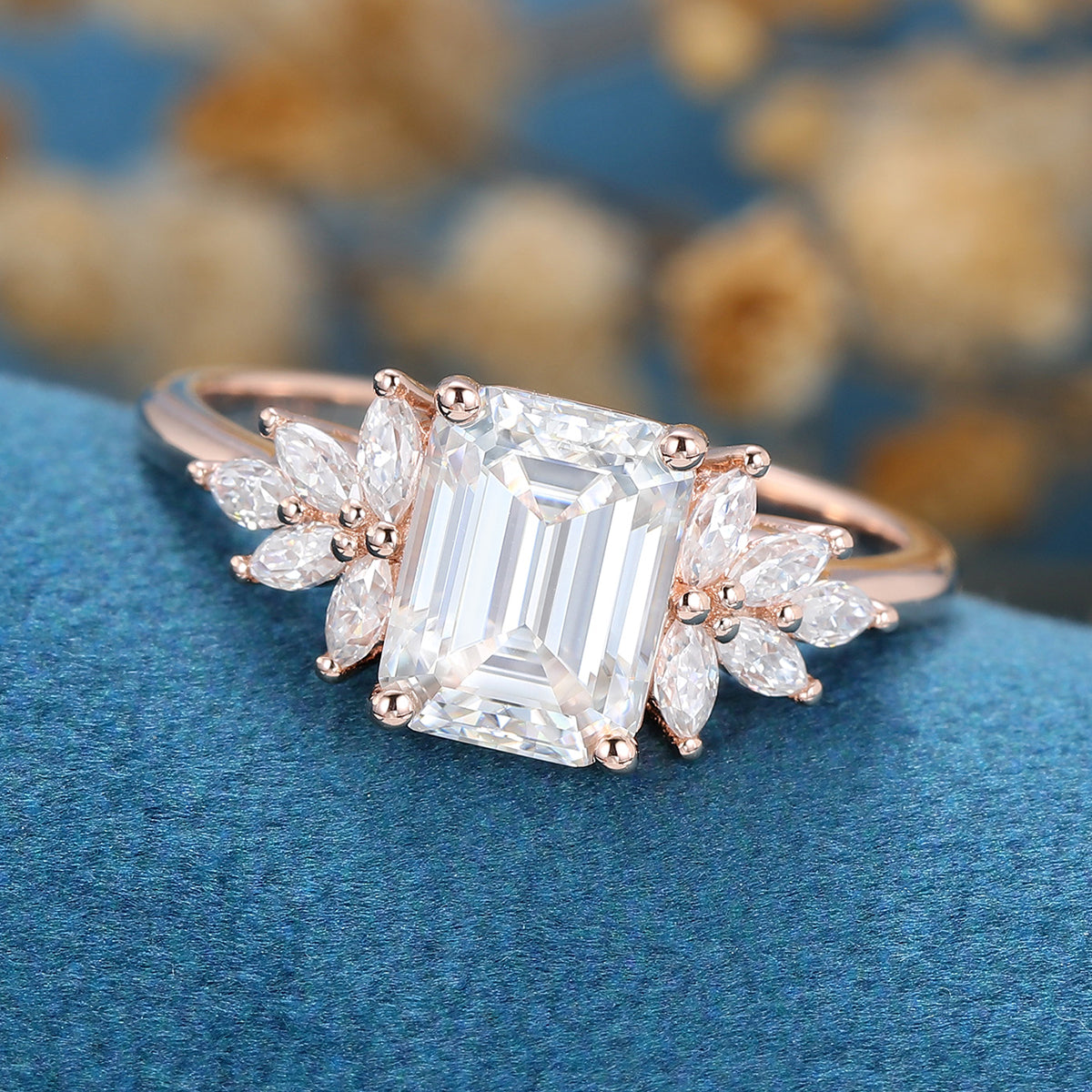 1.60 CT Emerald Shaped Moissanite Cluster Engagement Ring