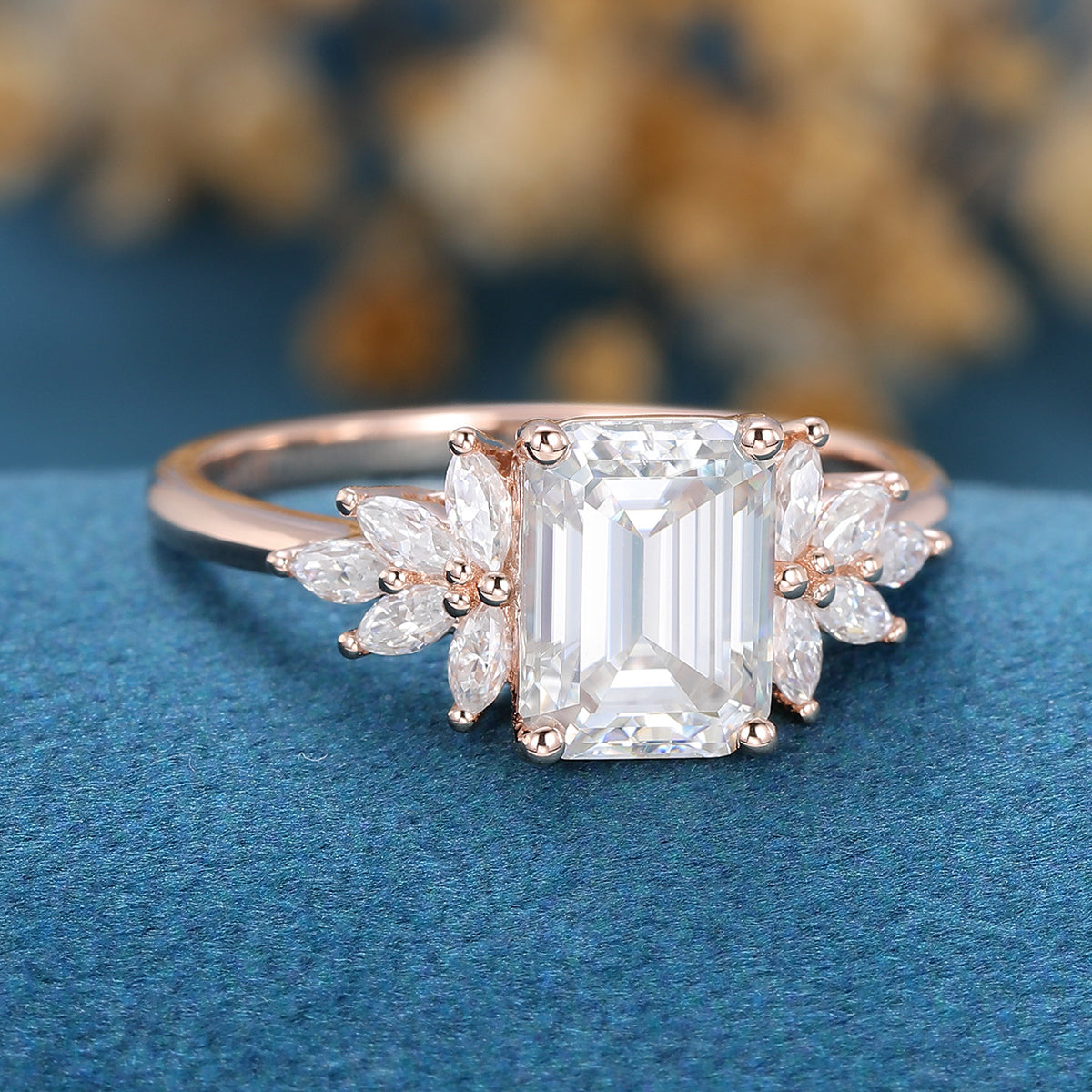 1.60 CT Emerald Shaped Moissanite Cluster Engagement Ring