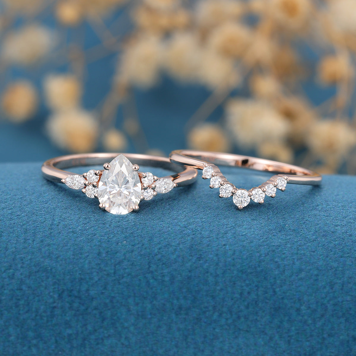 1.0 CT Pear Shaped Moissanite Cluster Bridal Set