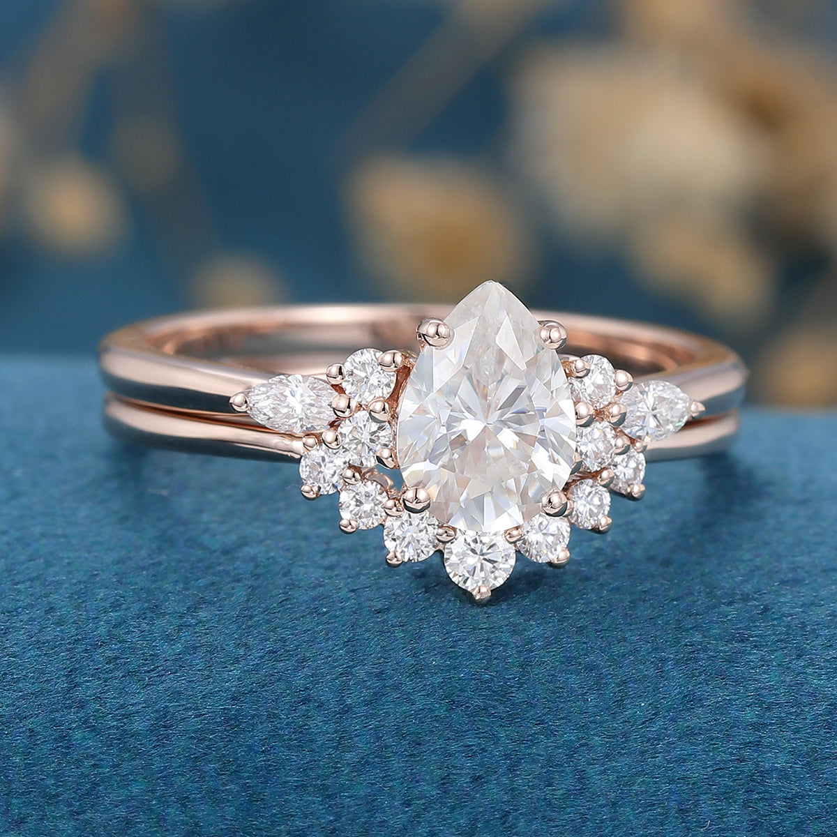1.0 CT Pear Shaped Moissanite Cluster Bridal Set