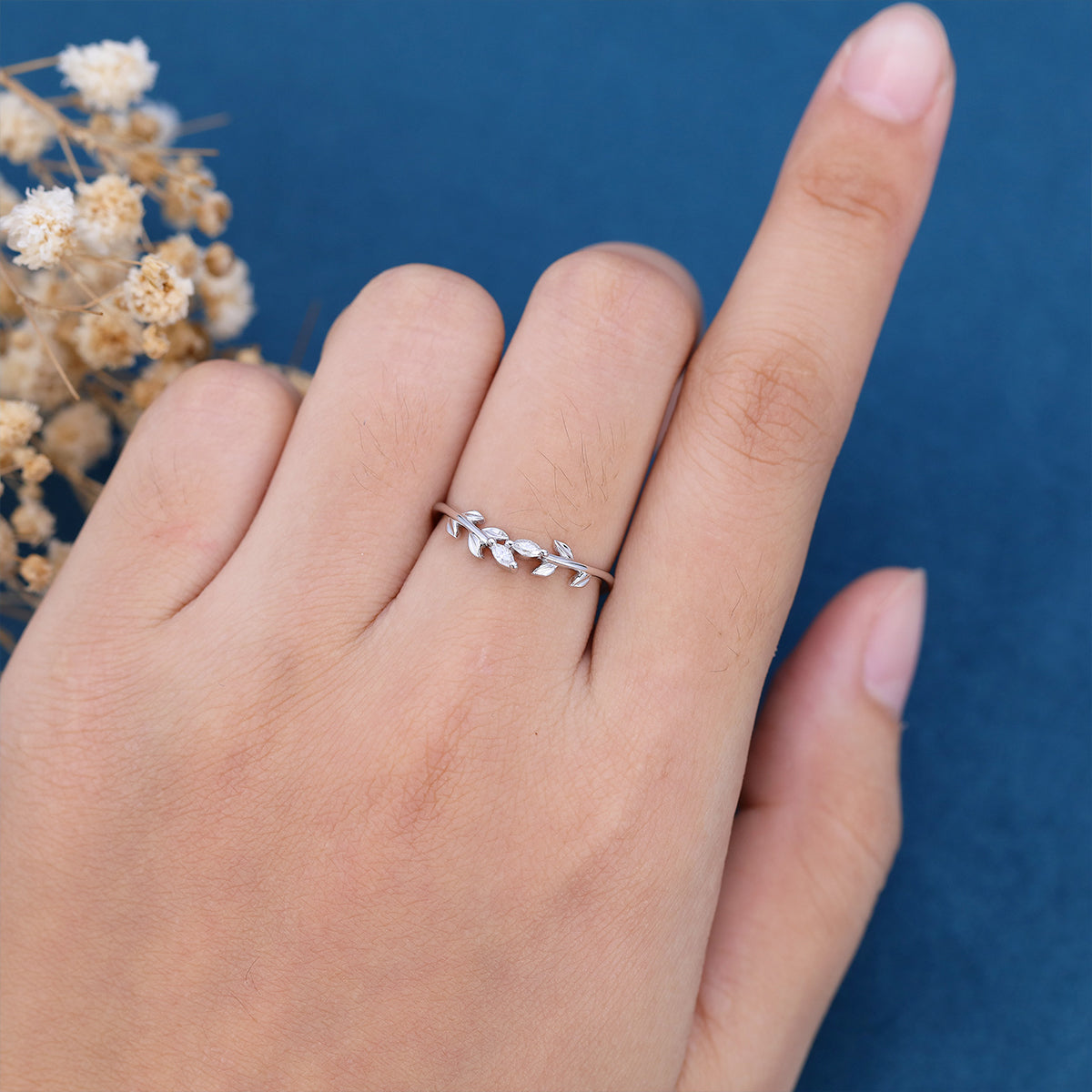 1.40 CT Marquise Shaped Moissanite Nature Inspired Wedding Band