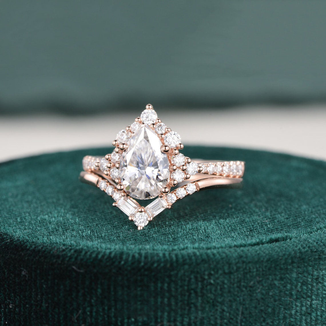 1.50 CT Pear Cut Cluster Art Deco Moissanite Bridal Ring Set